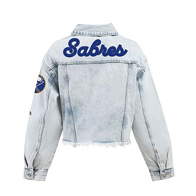 Women's Hype and Vice Denim Buffalo Sabres Chenille Raw Edge Cropped Full-Button Jean Jacket