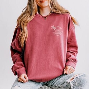Embroidered Beach Sunset Lightweight Garment Dyed Sweatshirt