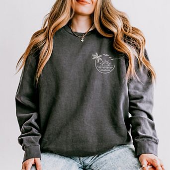 Embroidered Beach Sunset Lightweight Garment Dyed Sweatshirt