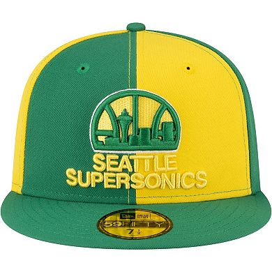 Men's New Era Gold/Green Seattle SuperSonics 80s Throwback Pinwheel 59FIFTY Fitted Hat