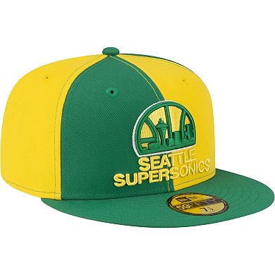 Men's New Era Gold/Green Seattle SuperSonics 80s Throwback Pinwheel 59FIFTY Fitted Hat