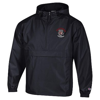 Men's Champion Black Wisconsin Badgers Packable Hooded Windbreaker Half-Zip Jacket