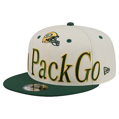 Men's New Era Cream Green Bay Packers Oversized Slogan 9FIFTY Snapback Hat