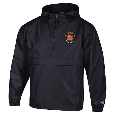 Men's Champion Black Clemson Tigers Packable Hooded Windbreaker Half-Zip Jacket