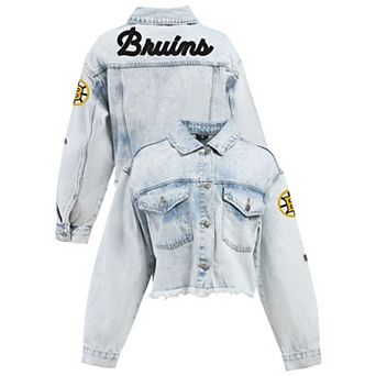 Women's Hype and Vice Denim Boston Bruins Chenille Raw Edge Cropped Full-Button Jean Jacket