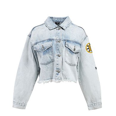 Women's Hype and Vice Denim Boston Bruins Chenille Raw Edge Cropped Full-Button Jean Jacket
