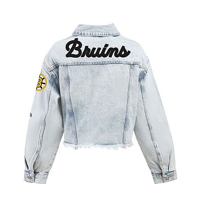 Women's Hype and Vice Denim Boston Bruins Chenille Raw Edge Cropped Full-Button Jean Jacket