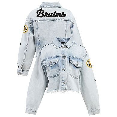 Women's Hype and Vice Denim Boston Bruins Chenille Raw Edge Cropped Full-Button Jean Jacket