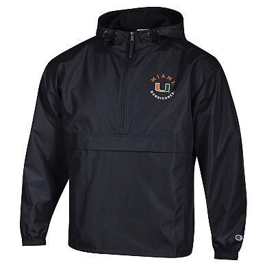 Men's Champion Black Miami Hurricanes Packable Hooded Windbreaker Half-Zip Jacket