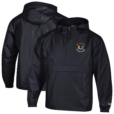 Men's Champion Black Miami Hurricanes Packable Hooded Windbreaker Half-Zip Jacket