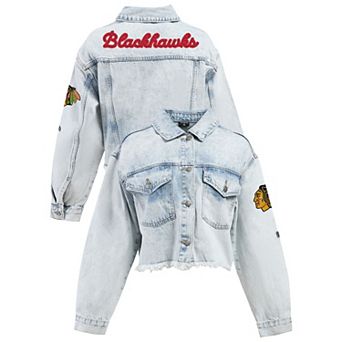 Women's Hype and Vice Denim Chicago Blackhawks Chenille Raw Edge Cropped Full-Button Jean Jacket