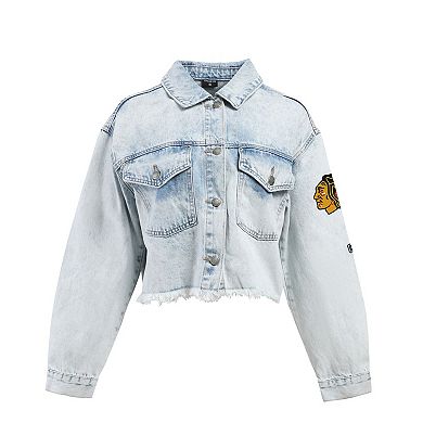 Women's Hype and Vice Denim Chicago Blackhawks Chenille Raw Edge Cropped Full-Button Jean Jacket