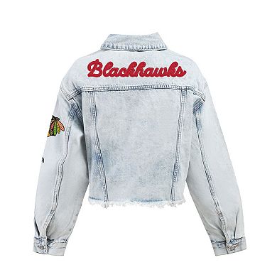 Women's Hype and Vice Denim Chicago Blackhawks Chenille Raw Edge Cropped Full-Button Jean Jacket