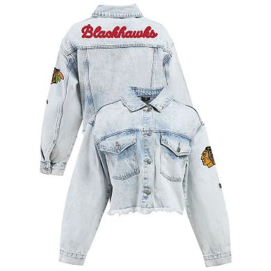 Women's Hype and Vice Denim Chicago Blackhawks Chenille Raw Edge Cropped Full-Button Jean Jacket
