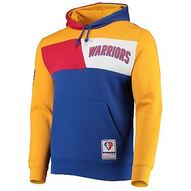 Men's Mitchell & Ness Royal San Francisco Warriors Hardwood Classics 75th Anniversary Colorblock Pullover Hoodie