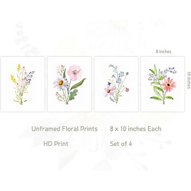 Watercolor Wildflower Floral Wall Art Prints Set of 4 Botanical Decor