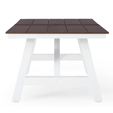90" HDPE Rectangle Outdoor Patio Dining Table With Umbrella Hole and Metal Frame
