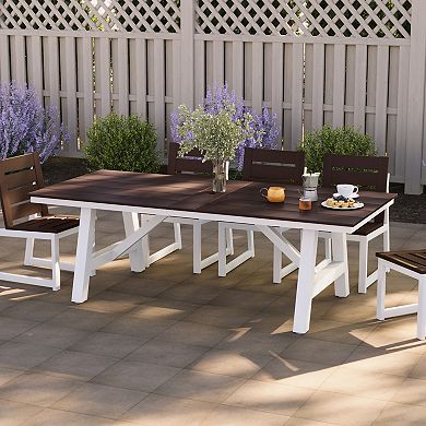 90" HDPE Rectangle Outdoor Patio Dining Table With Umbrella Hole and Metal Frame