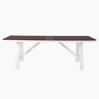 90" HDPE Rectangle Outdoor Patio Dining Table With Umbrella Hole and Metal Frame