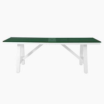 90" HDPE Rectangle Outdoor Patio Dining Table With Umbrella Hole and Metal Frame