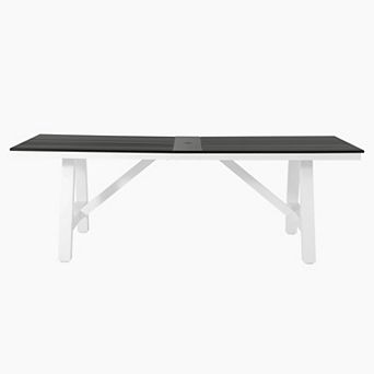 90" HDPE Rectangle Outdoor Patio Dining Table With Umbrella Hole and Metal Frame