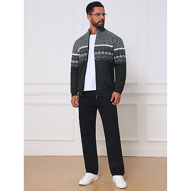 Men's Casual Stand Collar Long Sleeves Zipper Patterned Knitted Sweater