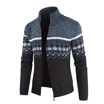 Men's Casual Stand Collar Long Sleeves Zipper Patterned Knitted Sweater