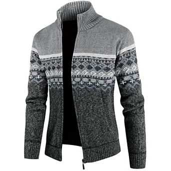 Men's Casual Stand Collar Long Sleeves Zipper Patterned Knitted Sweater