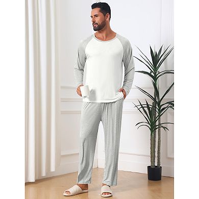 Men's Crew Neck Raglan Sleeve Sleepshirt & Lounge Pants 2 Piece Pajama Set
