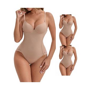 3 Packs Women's Sheer Mesh Padded Body Shaper Back Hook Closure SpaghettiStraps TummyControl Leotard