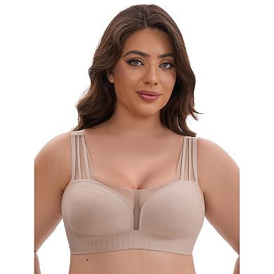 3 Packs Women's Mesh Wireless Push Up Minimizers Wide Straps VNeck Lightweight Seamless Soft Bras
