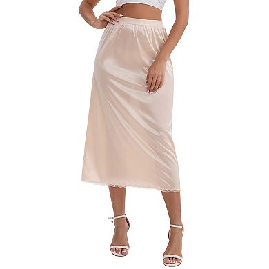 3 Packs Women's Satin Lace Trim Flared Hem Half Slip Relaxed Fit Lightweight Solid Maxi Petticoat
