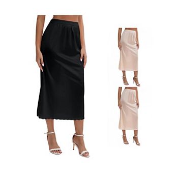 3 Packs Women's Satin Lace Trim Flared Hem Half Slip Relaxed Fit Lightweight Solid Maxi Petticoat