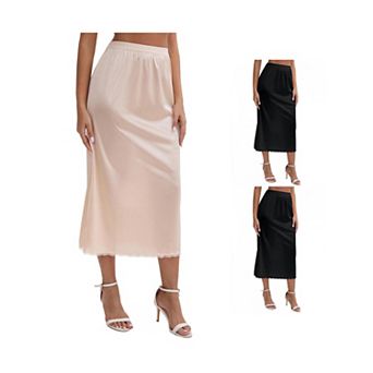 3 Packs Women's Satin Lace Trim Flared Hem Half Slip Relaxed Fit Lightweight Solid Maxi Petticoat