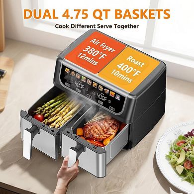 Dual Basket Air Fryer with Independent Temp Control, Sync Mode & 10 Presets, Shake Reminder