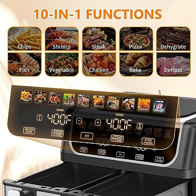 Dual Basket Air Fryer with Independent Temp Control, Sync Mode & 10 Presets, Shake Reminder