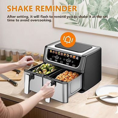Dual Basket Air Fryer with Independent Temp Control, Sync Mode & 10 Presets, Shake Reminder