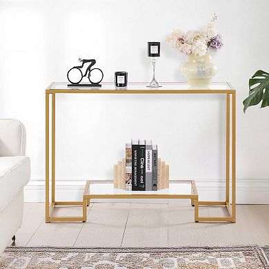 2-Tier Glass Console Table with Metal Frame and Storage Shelves