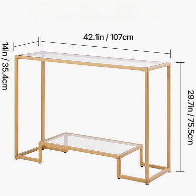 2-Tier Glass Console Table with Metal Frame and Storage Shelves
