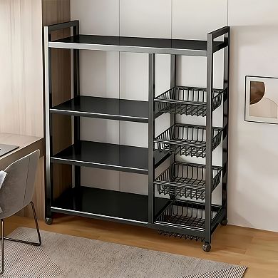 4-Tier Metal Kitchen Storage Rack with Baskets and Casters