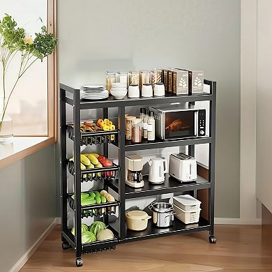 4-Tier Metal Kitchen Storage Rack with Baskets and Casters