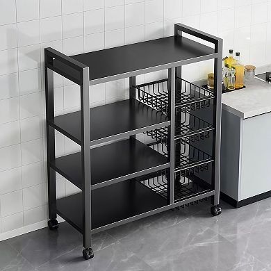 4-Tier Metal Kitchen Storage Rack with Baskets and Casters