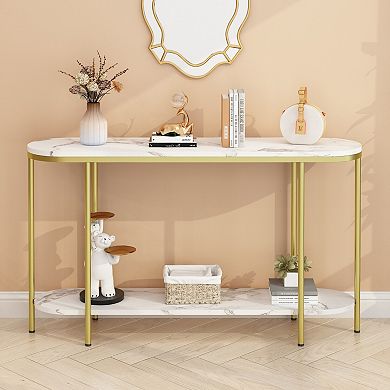 Modern 2-Tier Oval Console Table with Open Shelf Storage