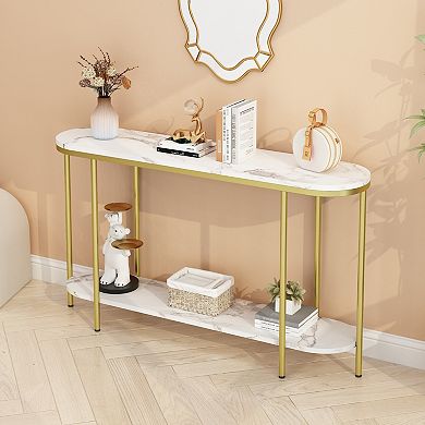 Modern 2-Tier Oval Console Table with Open Shelf Storage
