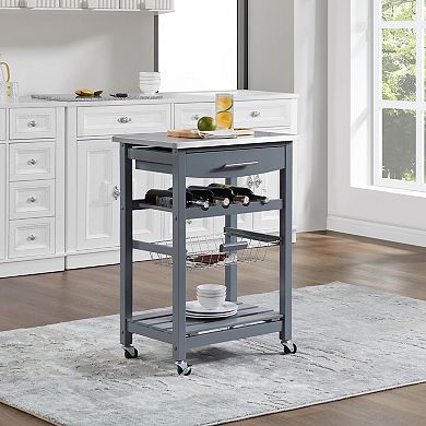 Mobile Kitchen Island Cart with Drawer & Wire Basket Storage