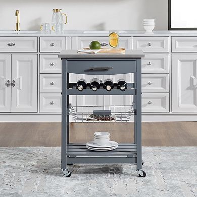 Mobile Kitchen Island Cart with Drawer & Wire Basket Storage