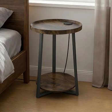 Round 2-Tier End Table with USB & AC Outlet and Open Storage