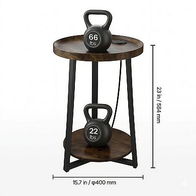 Round 2-Tier End Table with USB & AC Outlet and Open Storage
