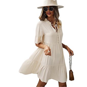 Women's V Neck Tie Front Mini Dress Half Button Down Ruffle Sleeve Tiered A Line Dresses