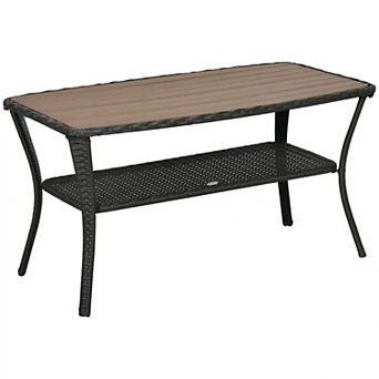 Patio Rattan Coffee Table with Storage Shelf and Composite Top